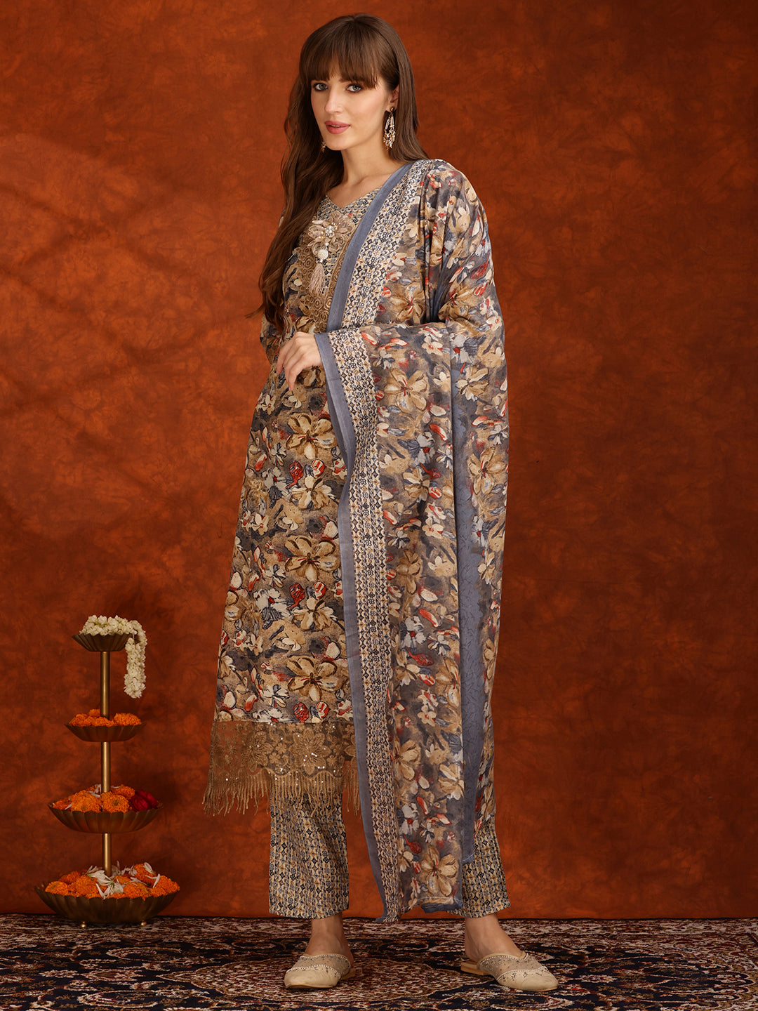 Flower Embellished And Printed Pakistani Kurta With Pant & Dupatta, Brown - Hiral Fashion