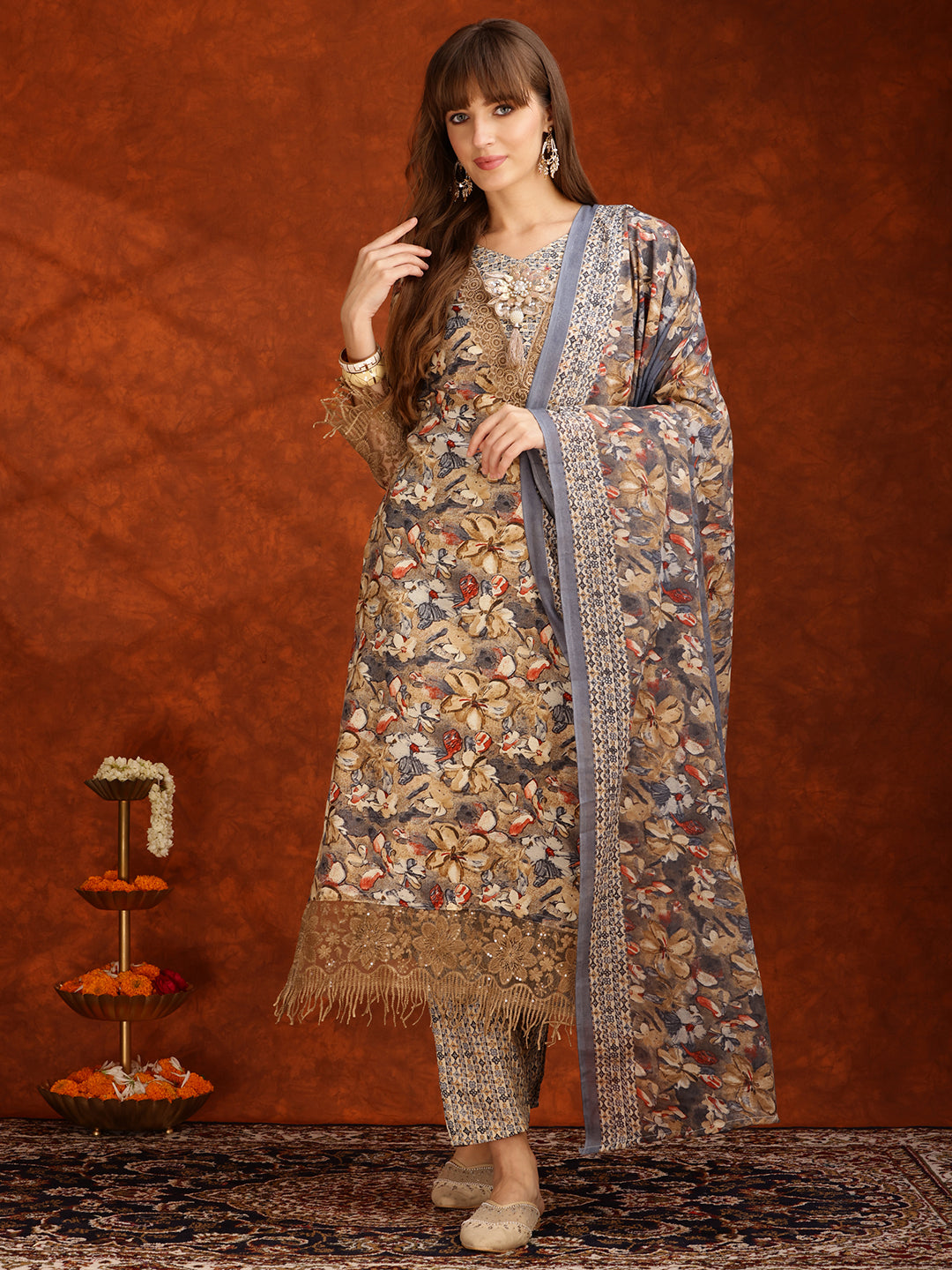 Flower Embellished And Printed Pakistani Kurta With Pant & Dupatta, Brown - Hiral Fashion