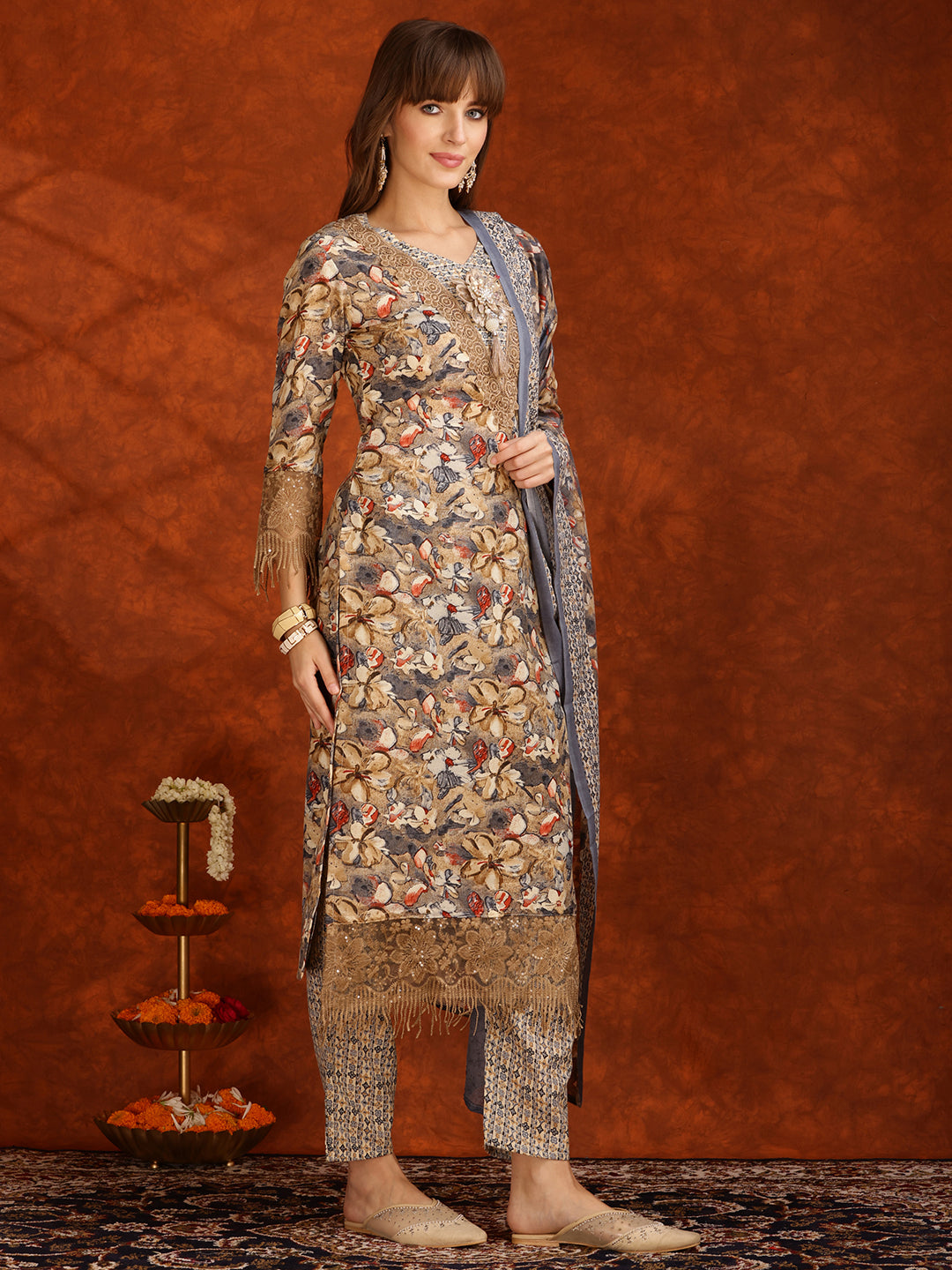 Flower Embellished And Printed Pakistani Kurta With Pant & Dupatta, Brown - Hiral Fashion