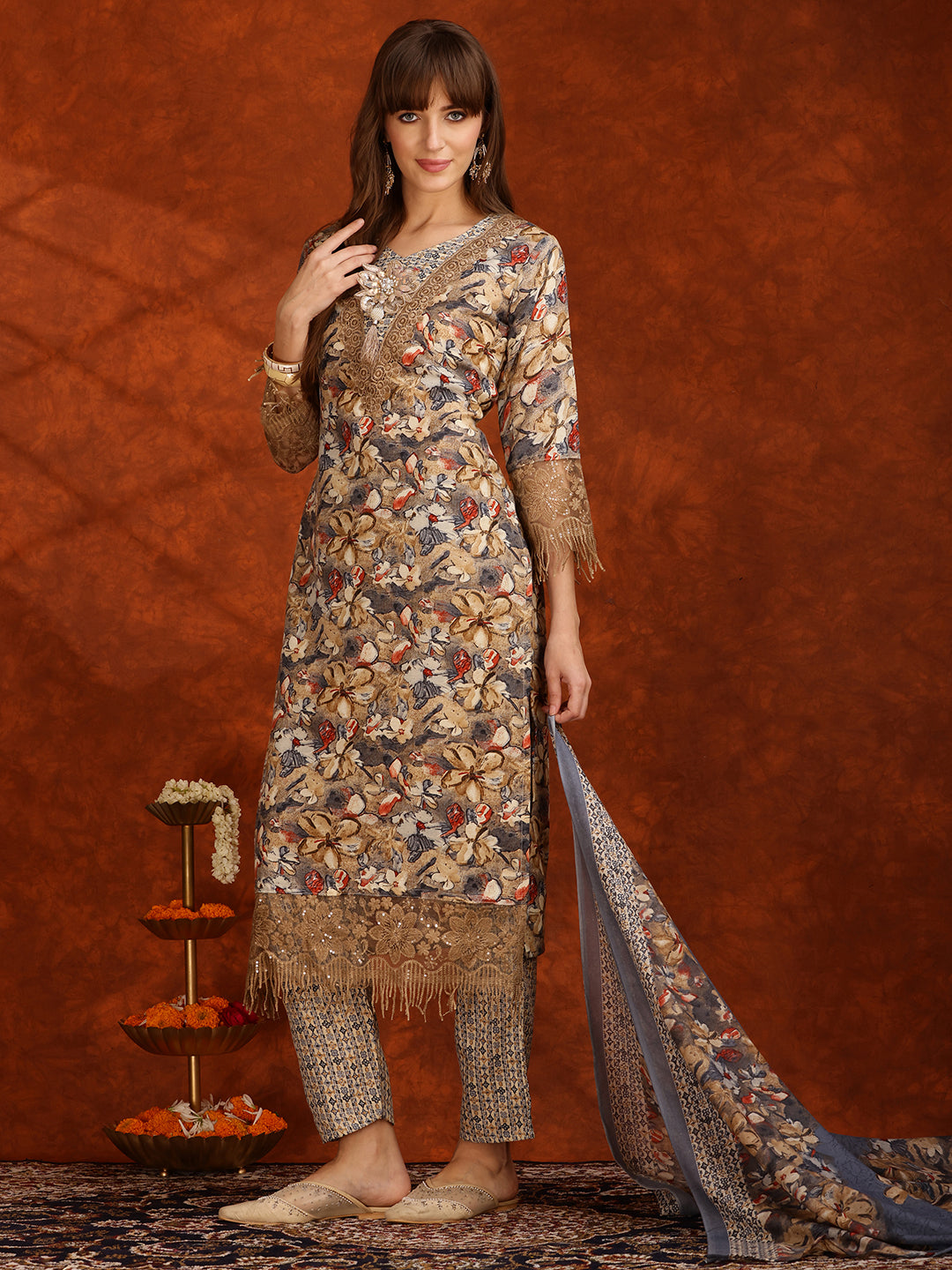 Flower Embellished And Printed Pakistani Kurta With Pant & Dupatta, Brown - Hiral Fashion