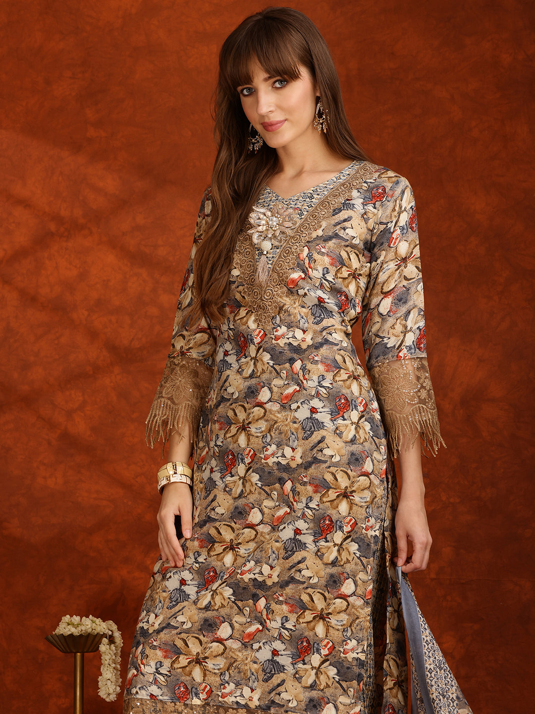 Flower Embellished And Printed Pakistani Kurta With Pant & Dupatta, Brown - Hiral Fashion