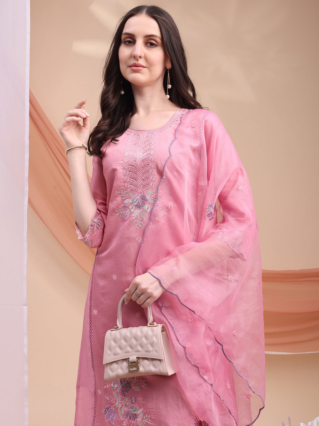 Embroidered Kurta With Pant & Organza Embroidered Dupatta, Pink - Hiral Fashion