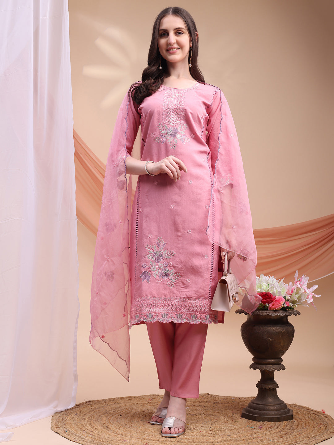 Embroidered Kurta With Pant & Organza Embroidered Dupatta, Pink - Hiral Fashion