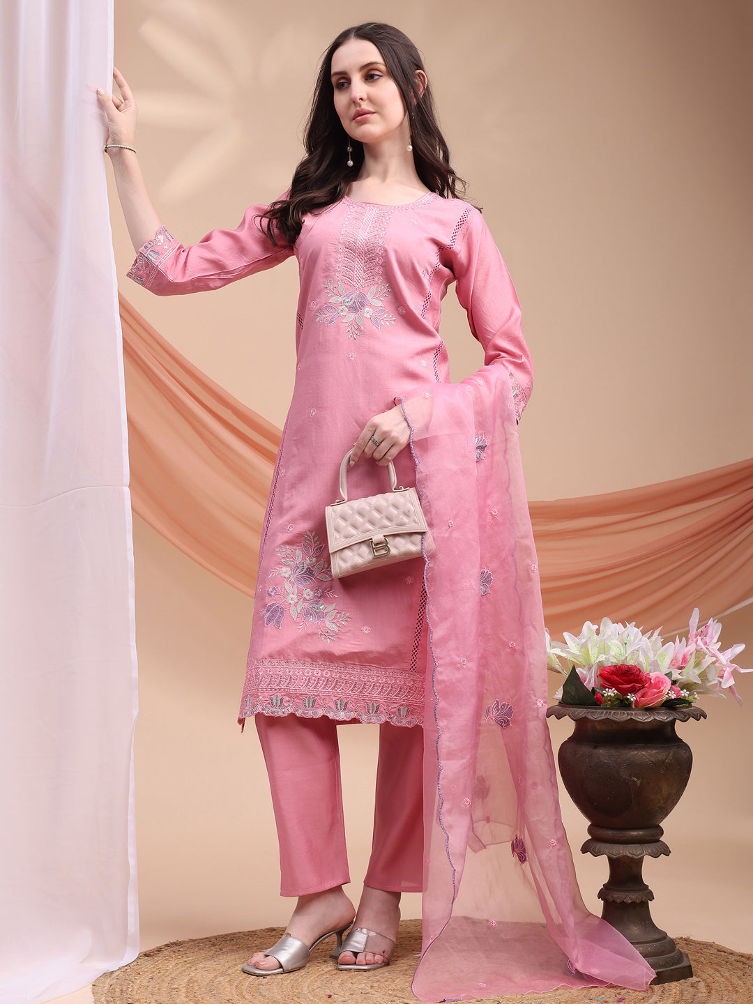 Embroidered Kurta With Pant & Organza Embroidered Dupatta, Pink - Hiral Fashion
