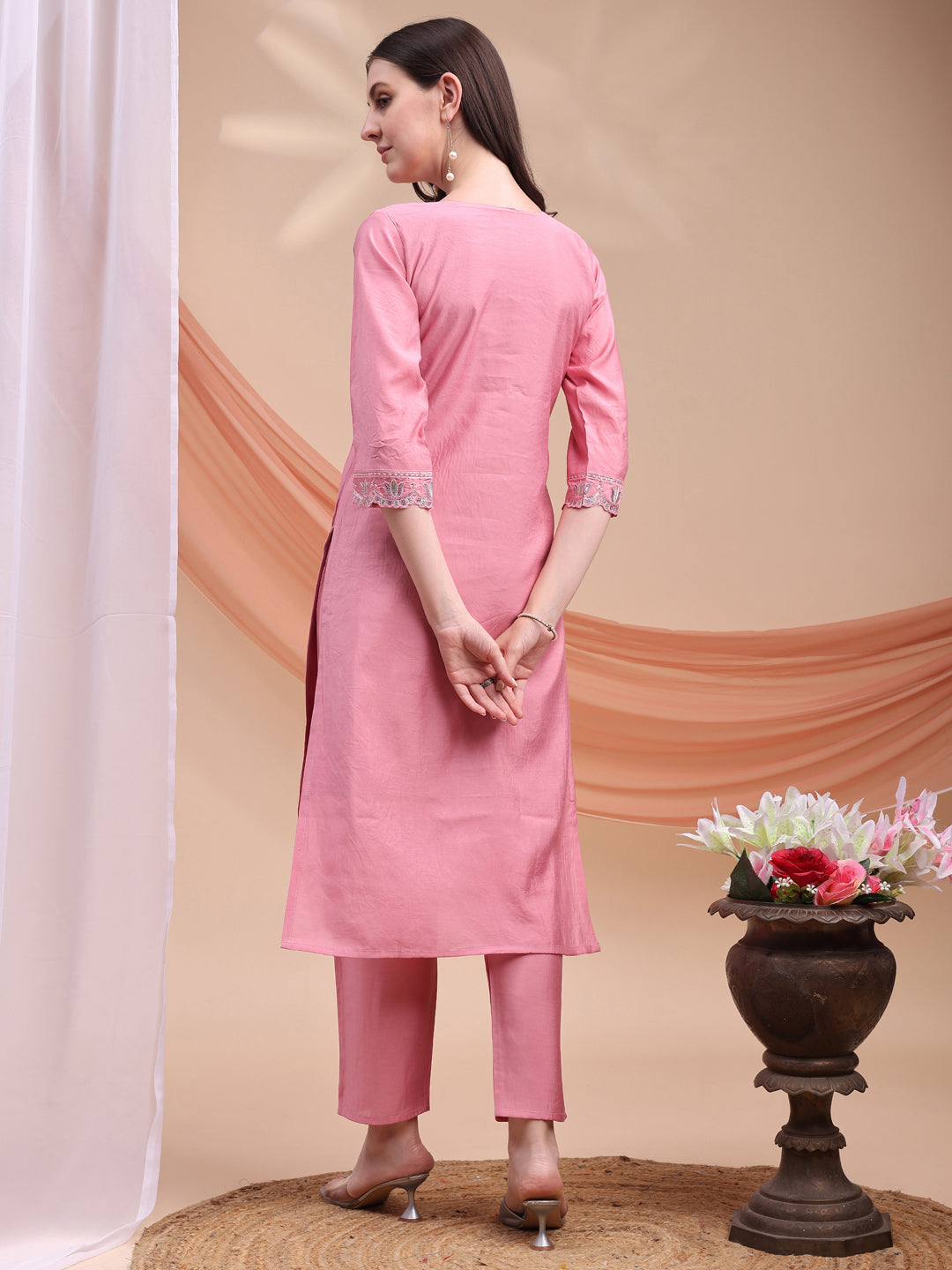 Embroidered Kurta With Pant & Organza Embroidered Dupatta, Pink - Hiral Fashion