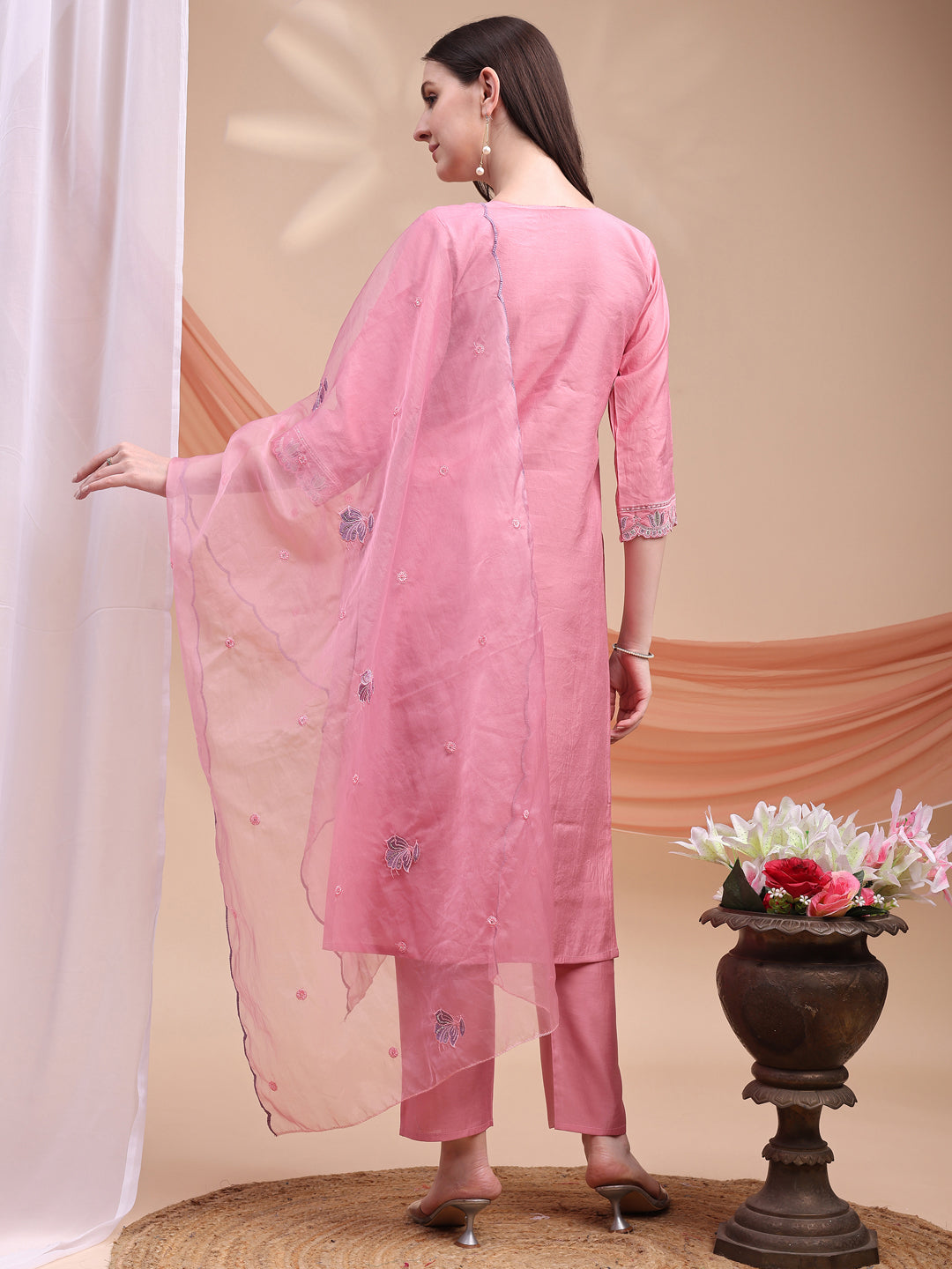 Embroidered Kurta With Pant & Organza Embroidered Dupatta, Pink - Hiral Fashion
