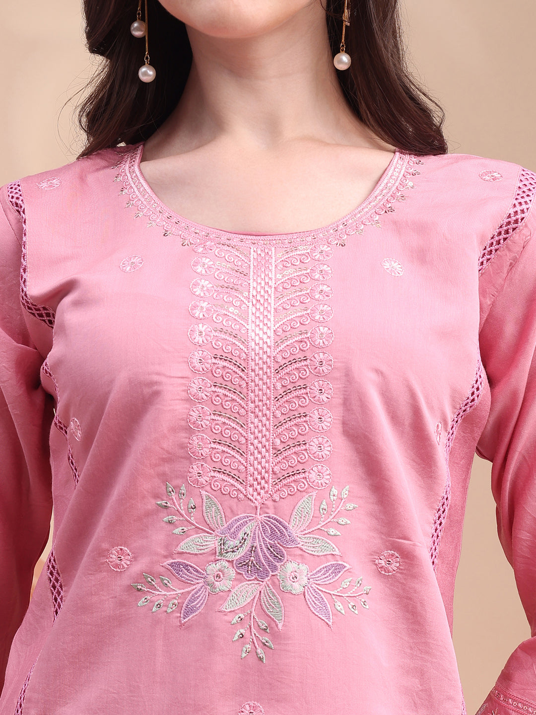 Embroidered Kurta With Pant & Organza Embroidered Dupatta, Pink - Hiral Fashion