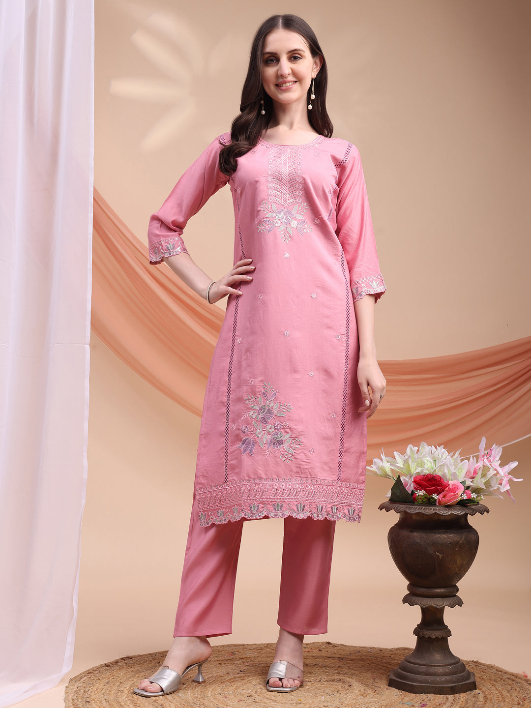 Embroidered Kurta With Pant & Organza Embroidered Dupatta, Pink - Hiral Fashion