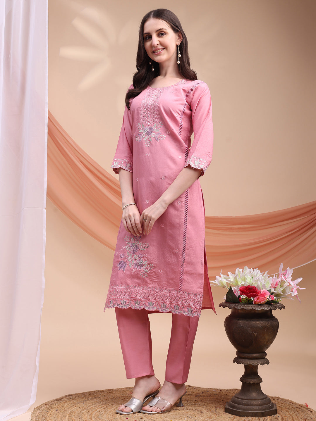 Embroidered Kurta With Pant & Organza Embroidered Dupatta, Pink - Hiral Fashion