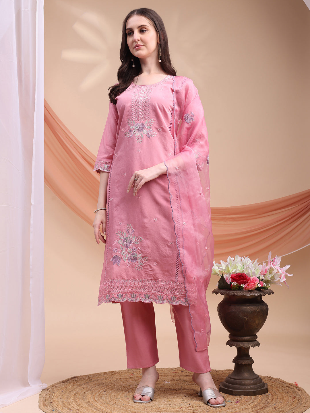 Embroidered Kurta With Pant & Organza Embroidered Dupatta, Pink - Hiral Fashion