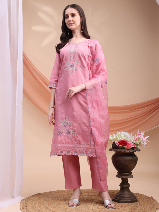 Embroidered Kurta With Pant & Organza Embroidered Dupatta, Pink - Hiral Fashion