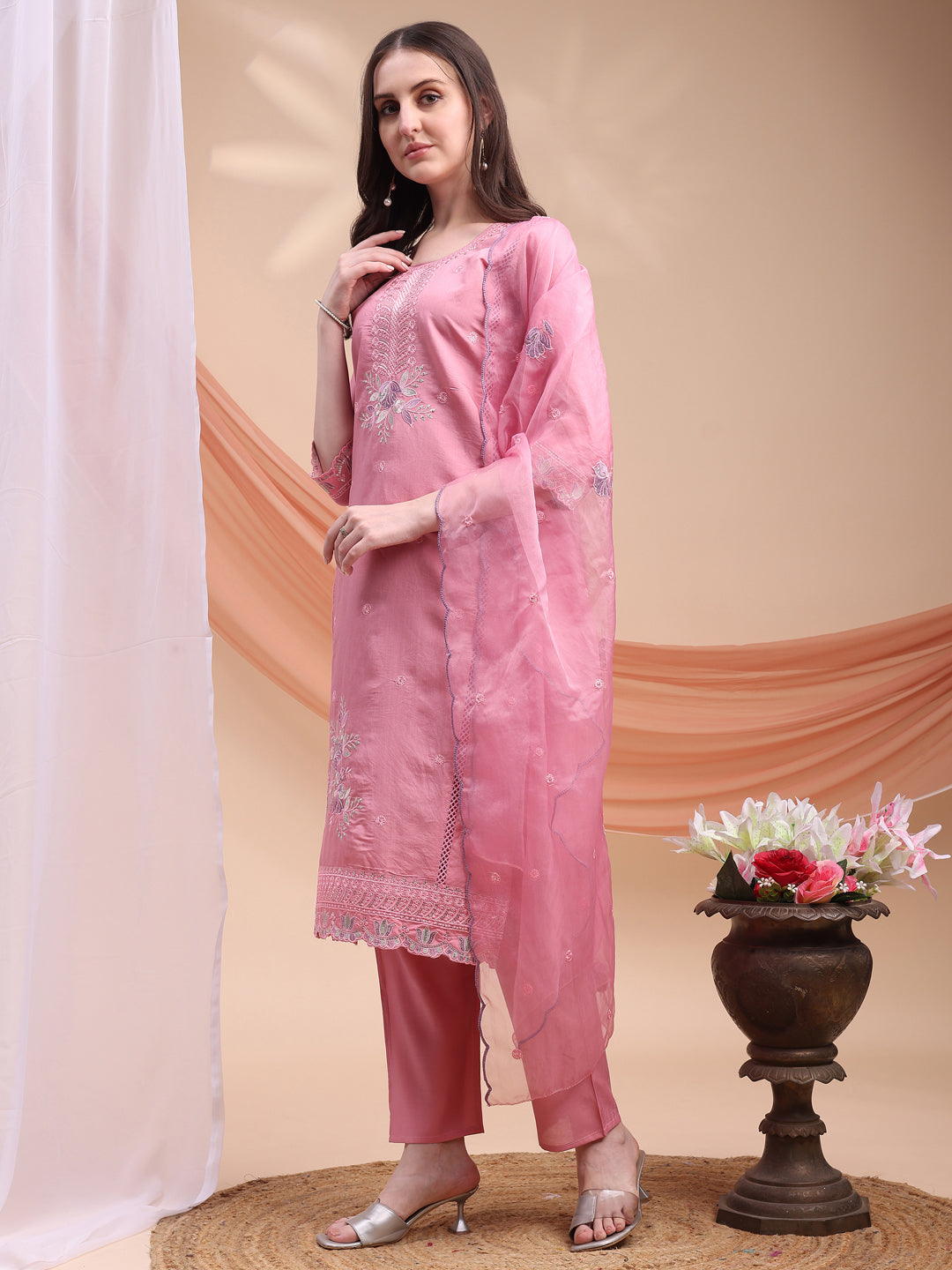 Embroidered Kurta With Pant & Organza Embroidered Dupatta, Pink - Hiral Fashion