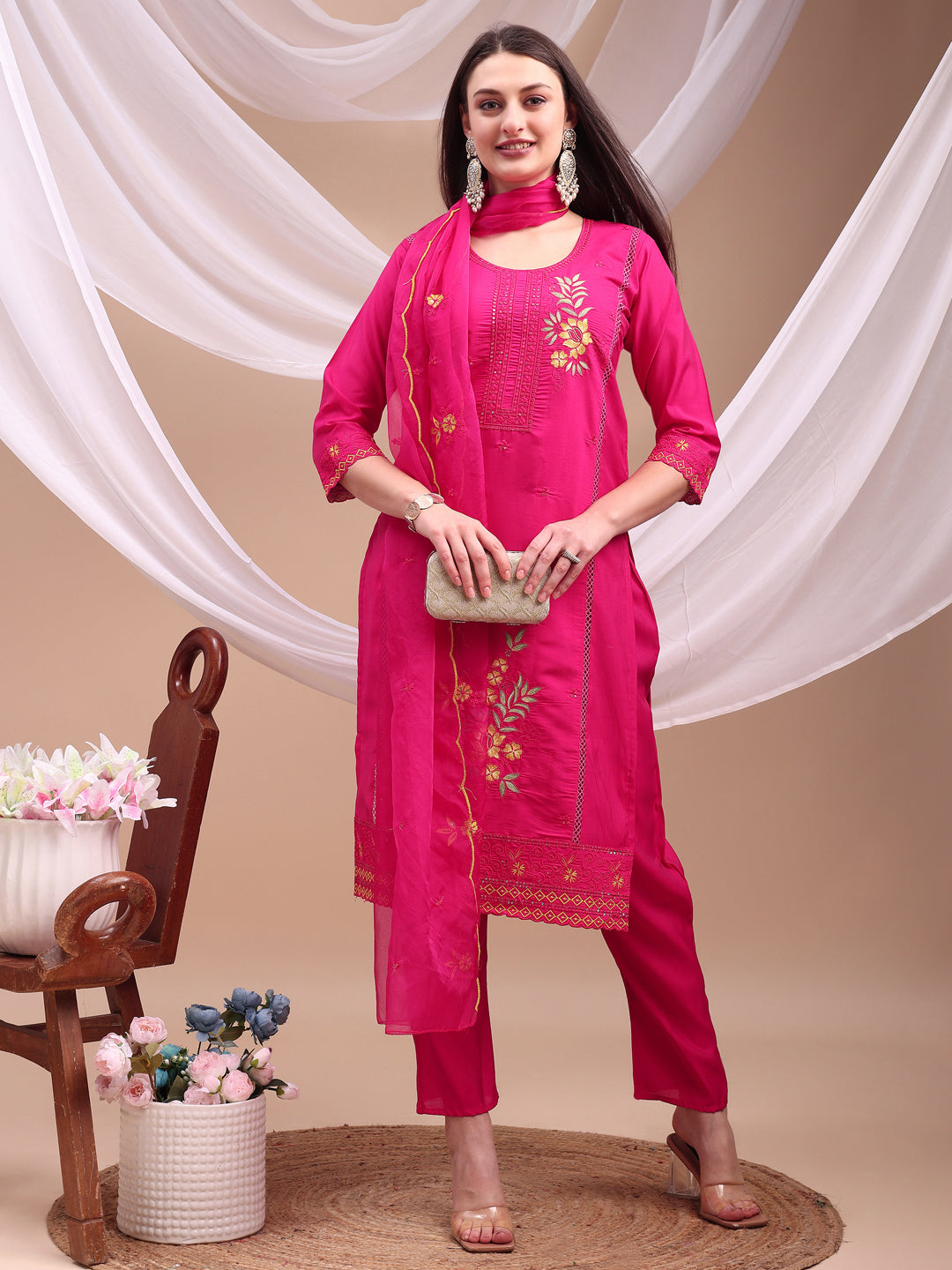 Embroidered Kurta With Pant & Organza Embroidered Dupatta, Pink - Hiral Fashion