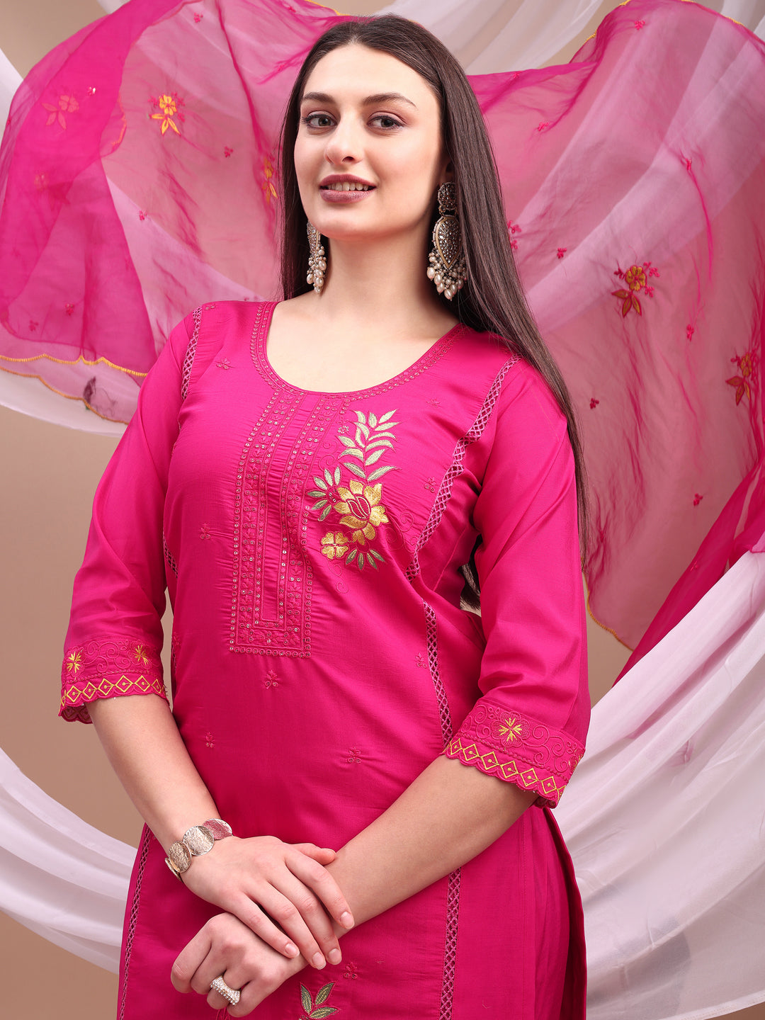 Embroidered Kurta With Pant & Organza Embroidered Dupatta, Pink - Hiral Fashion