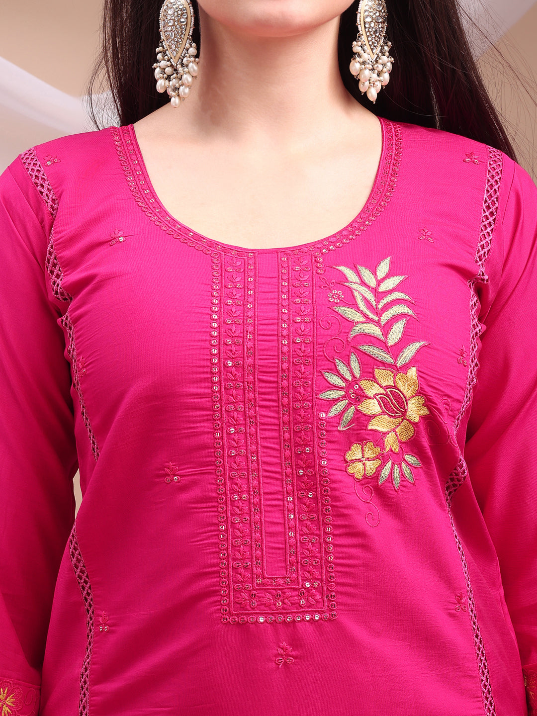 Embroidered Kurta With Pant & Organza Embroidered Dupatta, Pink - Hiral Fashion