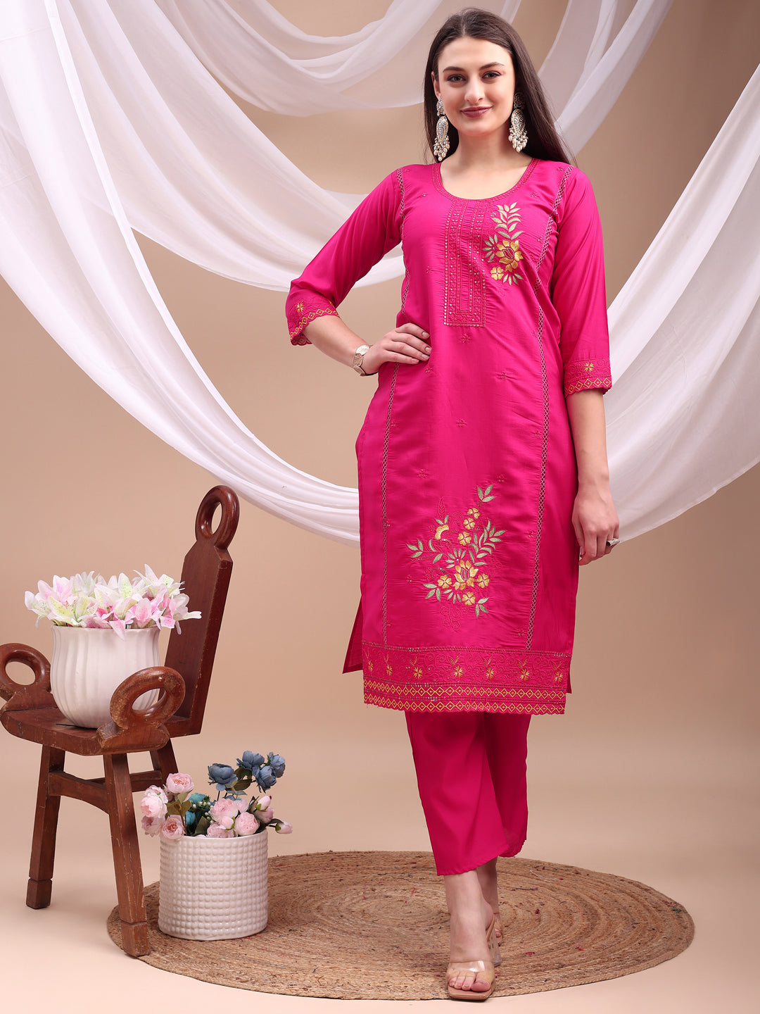 Embroidered Kurta With Pant & Organza Embroidered Dupatta, Pink - Hiral Fashion
