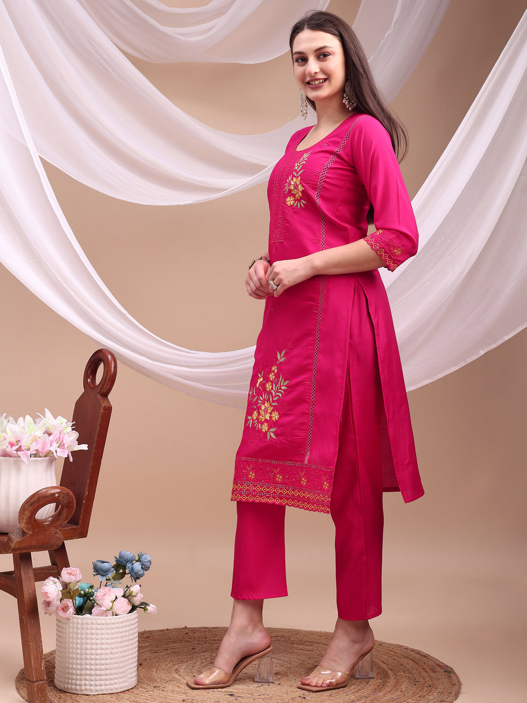 Embroidered Kurta With Pant & Organza Embroidered Dupatta, Pink - Hiral Fashion
