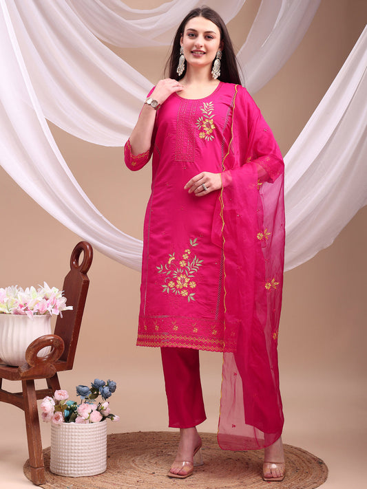 Embroidered Kurta With Pant & Organza Embroidered Dupatta, Pink - Hiral Fashion