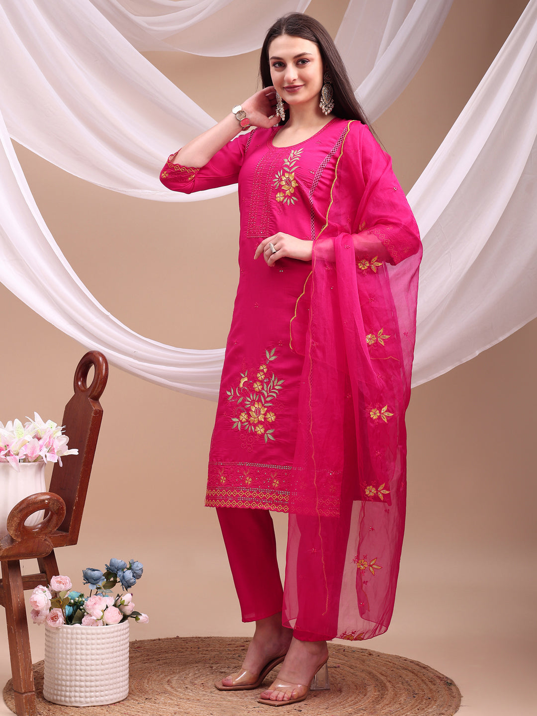 Embroidered Kurta With Pant & Organza Embroidered Dupatta, Pink - Hiral Fashion