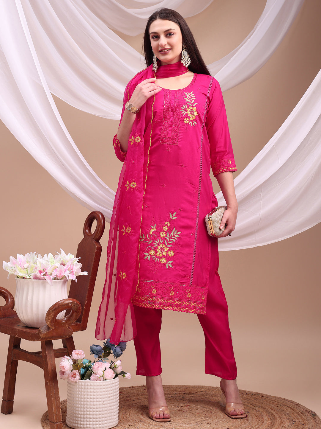 Embroidered Kurta With Pant & Organza Embroidered Dupatta, Pink - Hiral Fashion