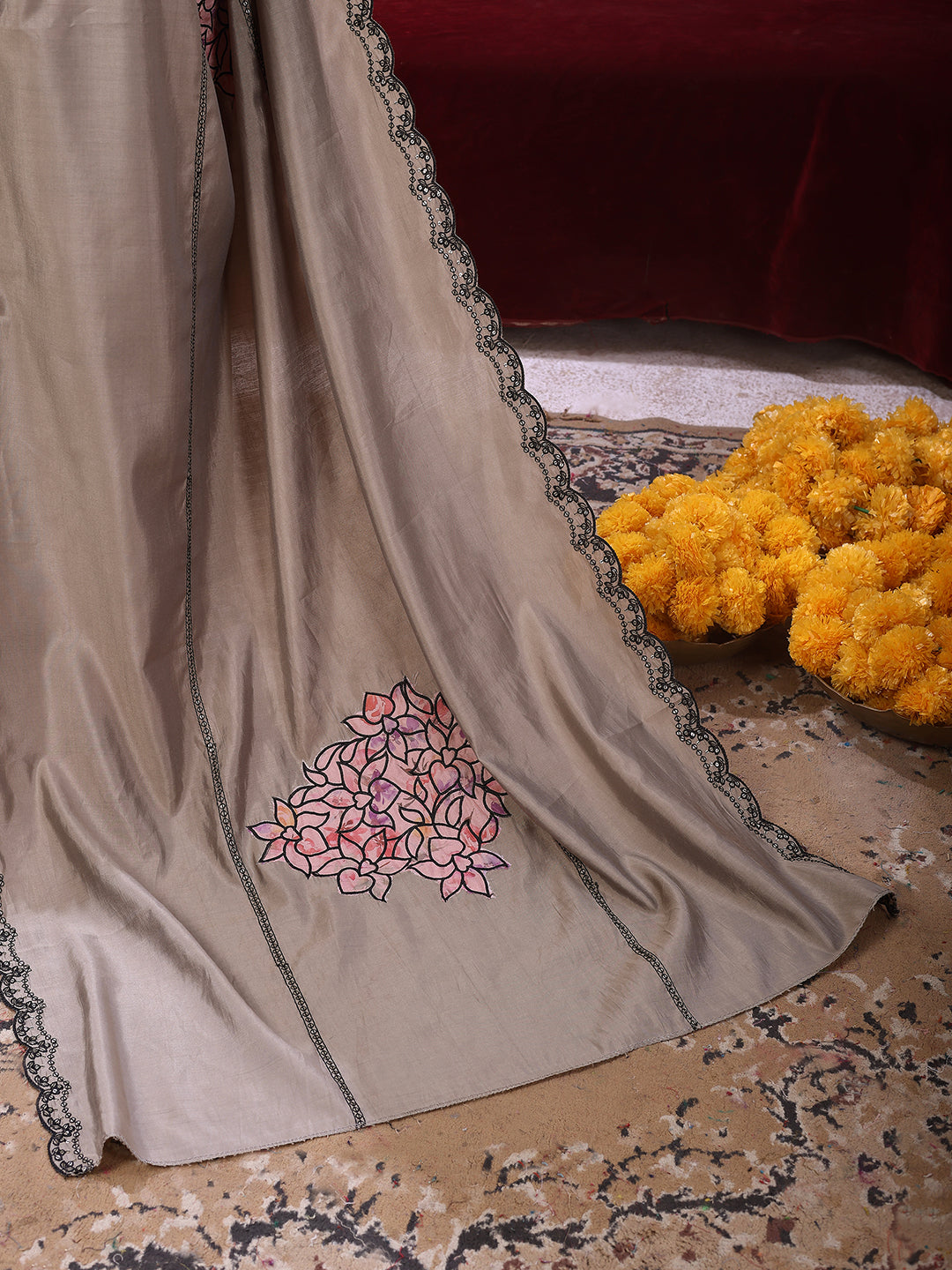 Taupe Floral-Embroidered Straight Suit Set With Lace-Bordered Dupatta And Tapered Pants, Taupe - Hiral Fashion