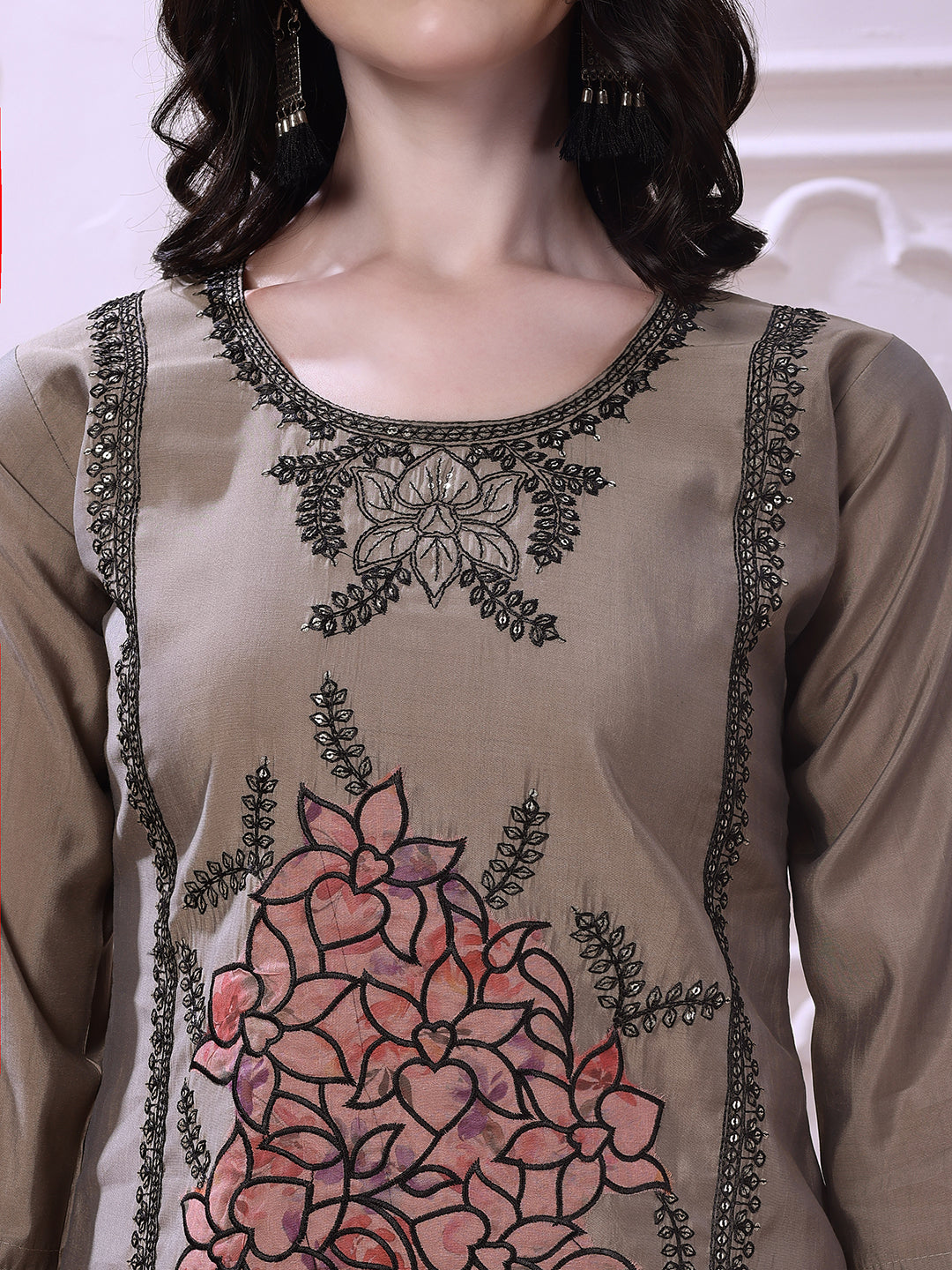 Taupe Floral-Embroidered Straight Suit Set With Lace-Bordered Dupatta And Tapered Pants, Taupe - Hiral Fashion