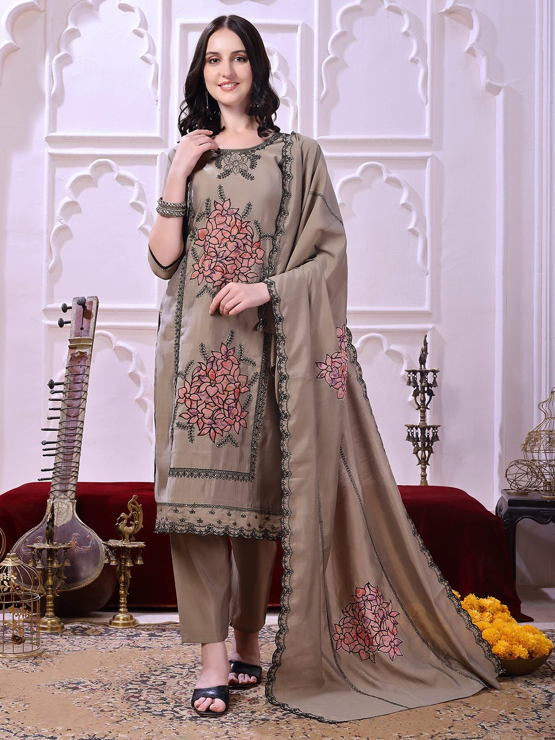 Taupe Floral-Embroidered Straight Suit Set With Lace-Bordered Dupatta And Tapered Pants, Taupe - Hiral Fashion