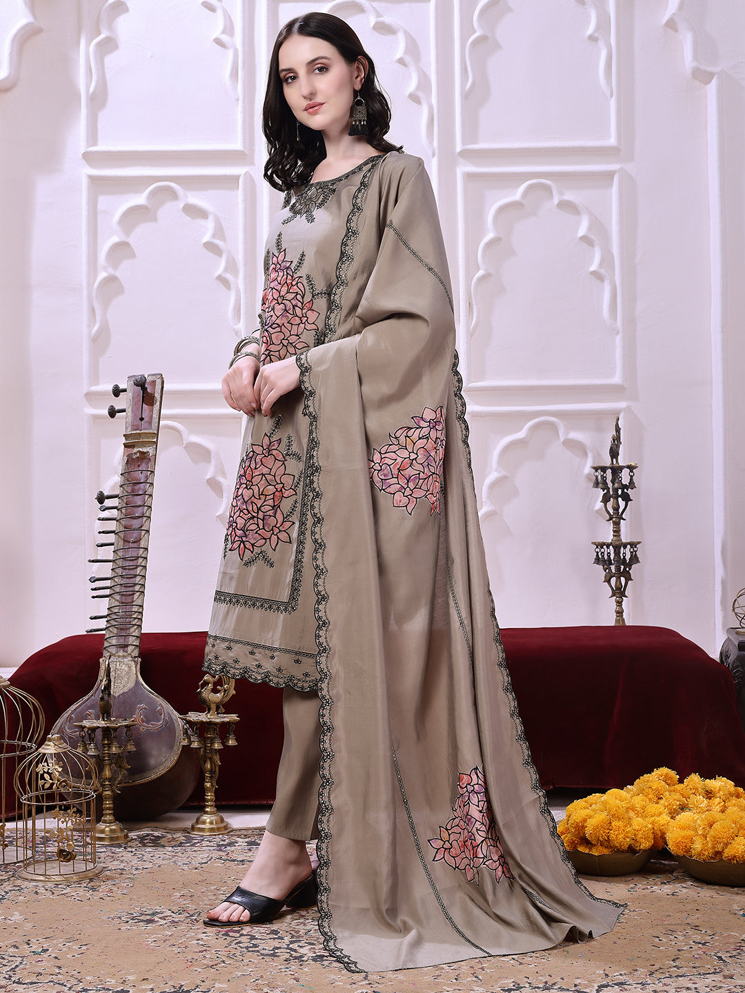Taupe Floral-Embroidered Straight Suit Set With Lace-Bordered Dupatta And Tapered Pants, Taupe - Hiral Fashion