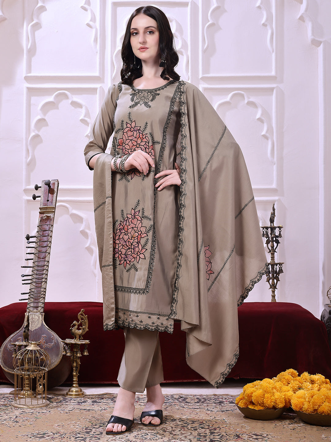 Taupe Floral-Embroidered Straight Suit Set With Lace-Bordered Dupatta And Tapered Pants, Taupe - Hiral Fashion