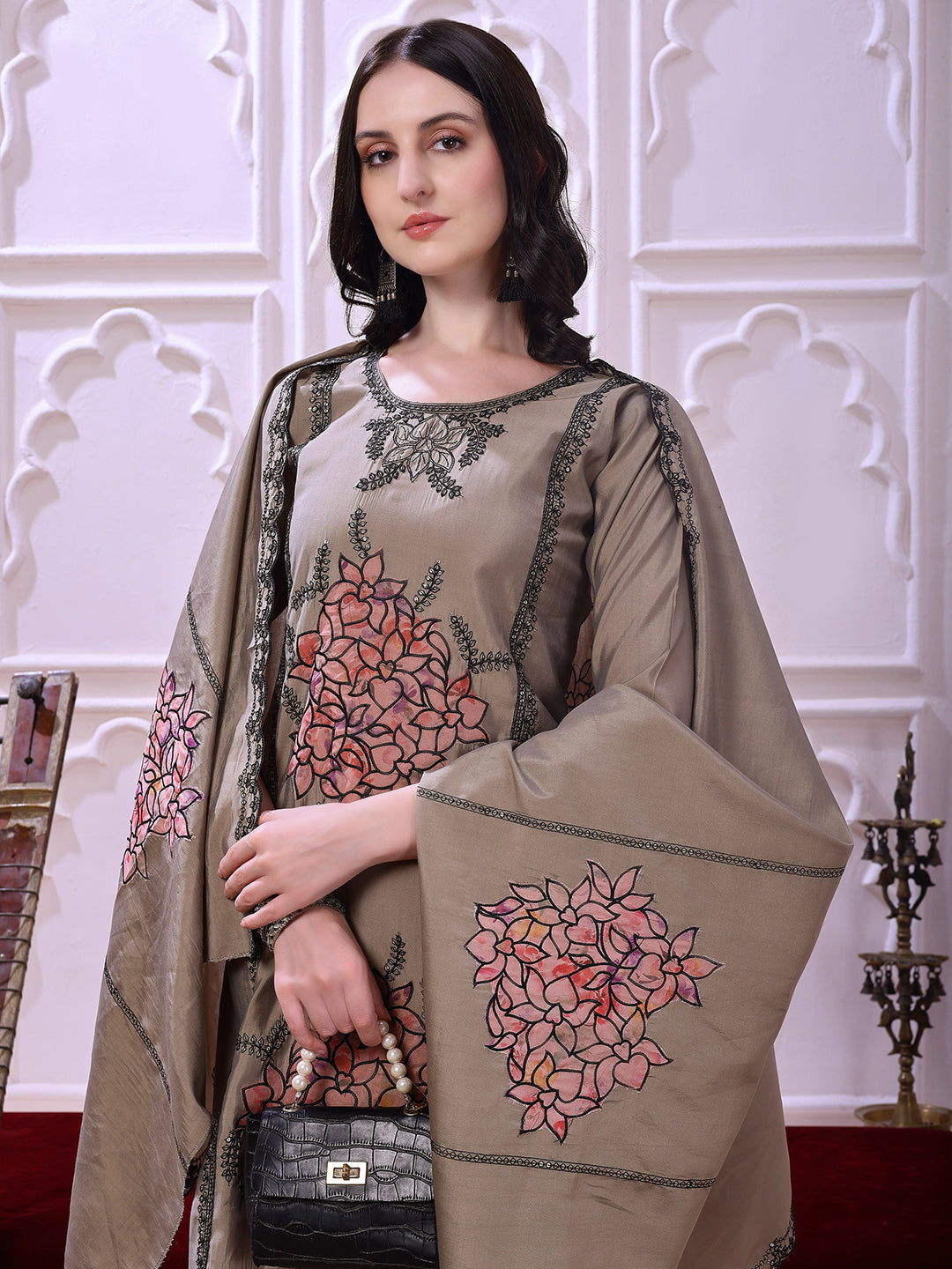 Taupe Floral-Embroidered Straight Suit Set With Lace-Bordered Dupatta And Tapered Pants, Taupe - Hiral Fashion