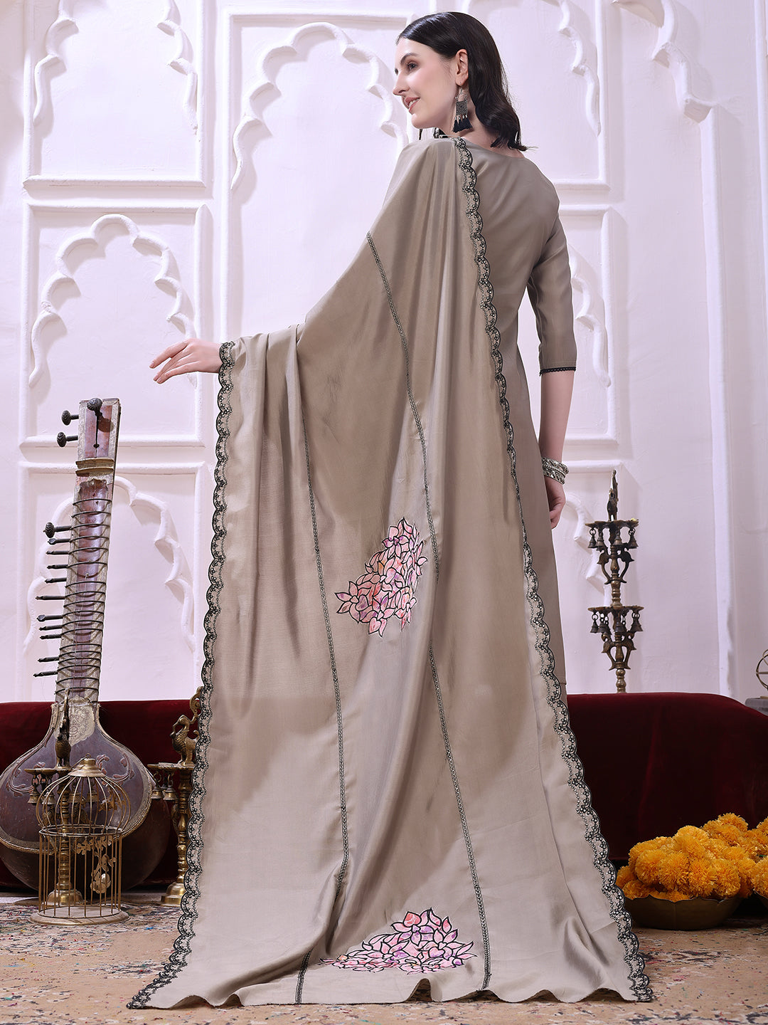 Taupe Floral-Embroidered Straight Suit Set With Lace-Bordered Dupatta And Tapered Pants, Taupe - Hiral Fashion