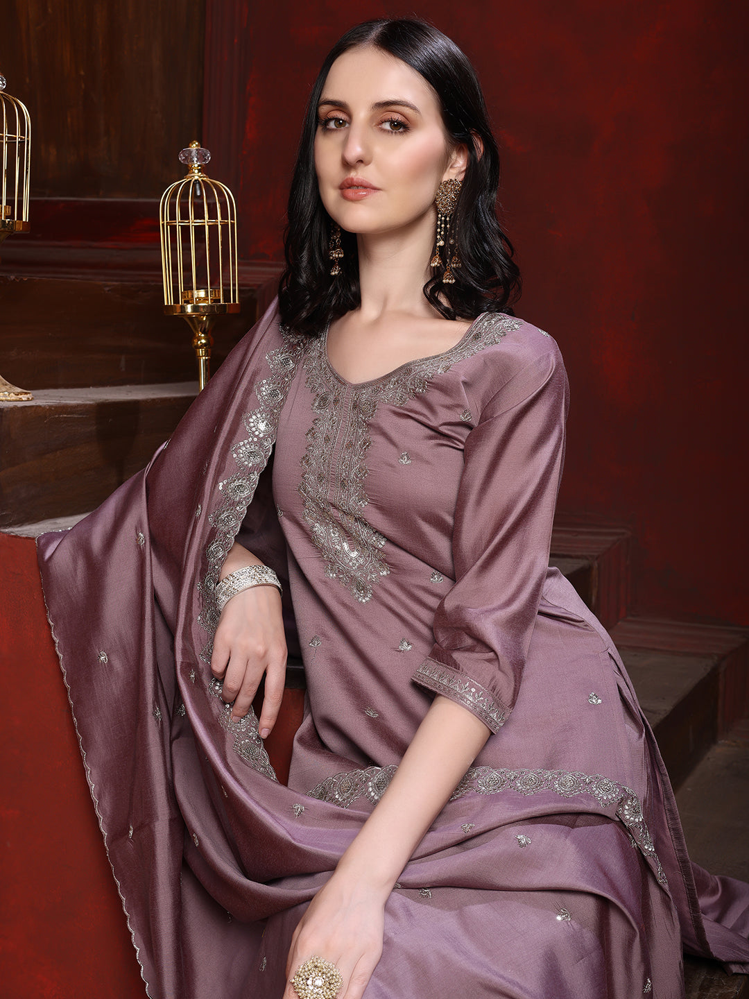 Straight Suit Set With Silver-Embroidered Kurta, Bordered Dupatta And Tapered Pant, Mauve - Hiral Fashion