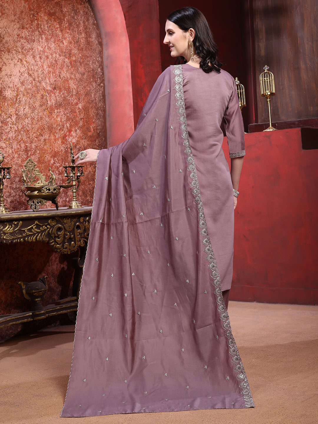 Straight Suit Set With Silver-Embroidered Kurta, Bordered Dupatta And Tapered Pant, Mauve - Hiral Fashion