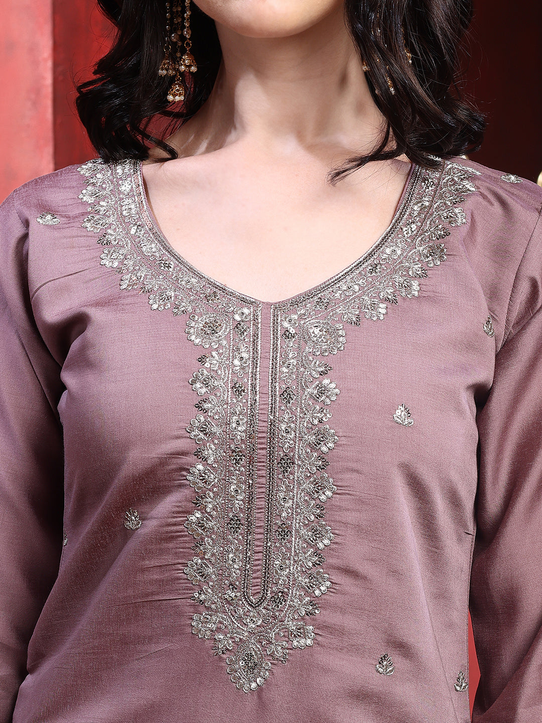 Straight Suit Set With Silver-Embroidered Kurta, Bordered Dupatta And Tapered Pant, Mauve - Hiral Fashion
