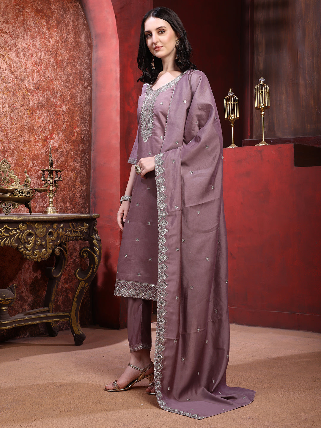 Straight Suit Set With Silver-Embroidered Kurta, Bordered Dupatta And Tapered Pant, Mauve - Hiral Fashion