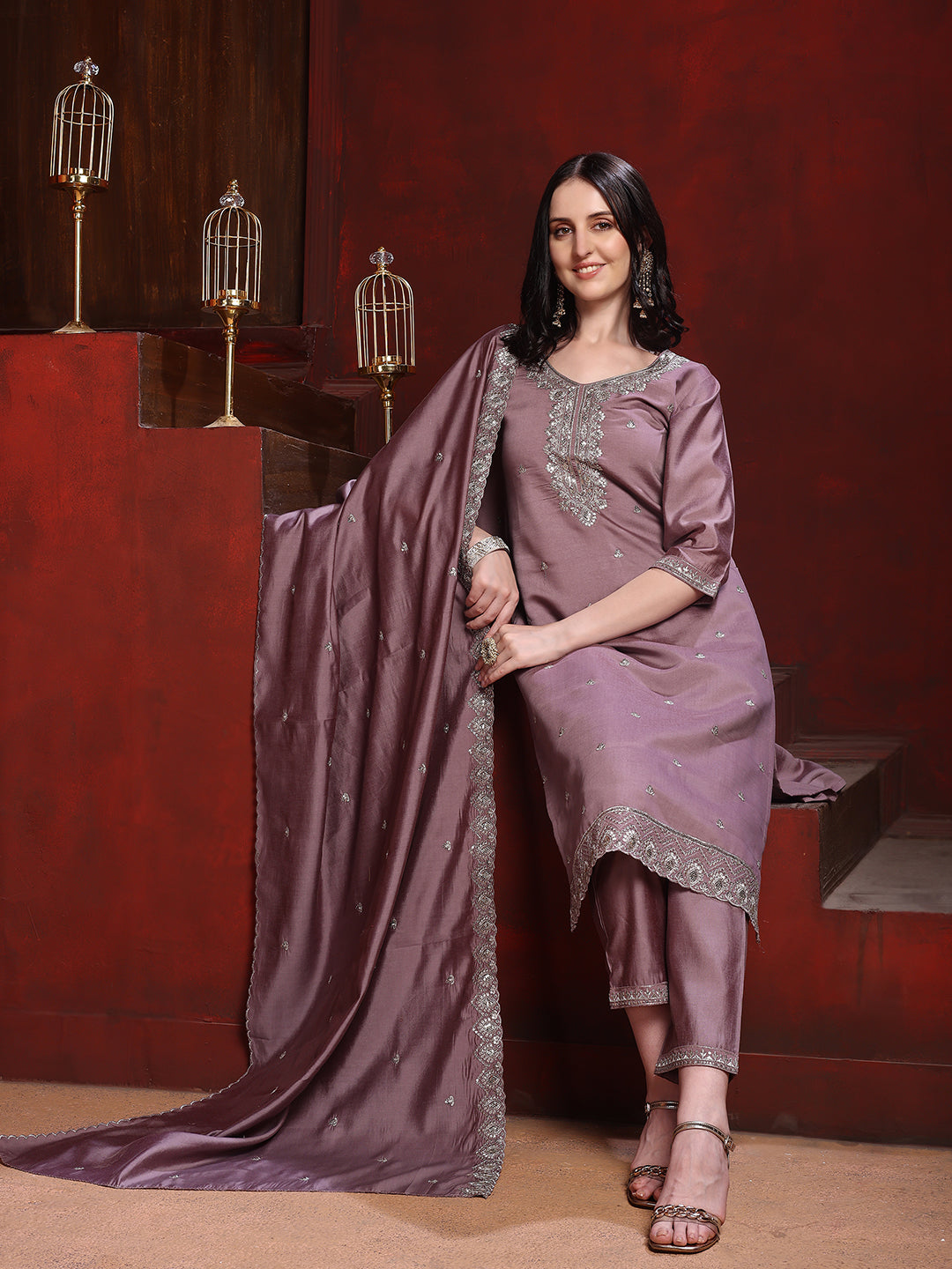 Straight Suit Set With Silver-Embroidered Kurta, Bordered Dupatta And Tapered Pant, Mauve - Hiral Fashion
