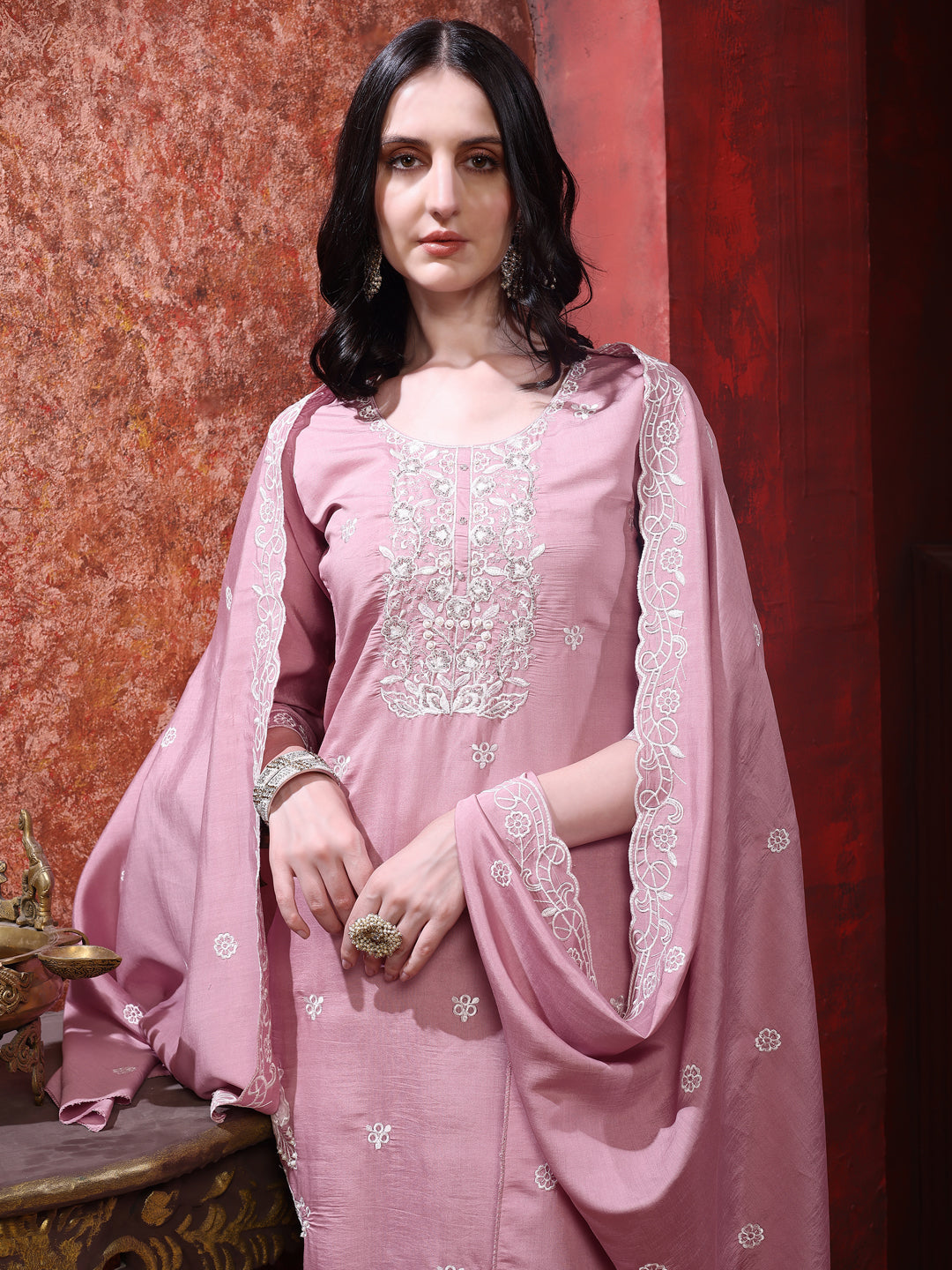 Hand Embroidered Kurta With Pant & Dupatta, Pink - Hiral Fashion