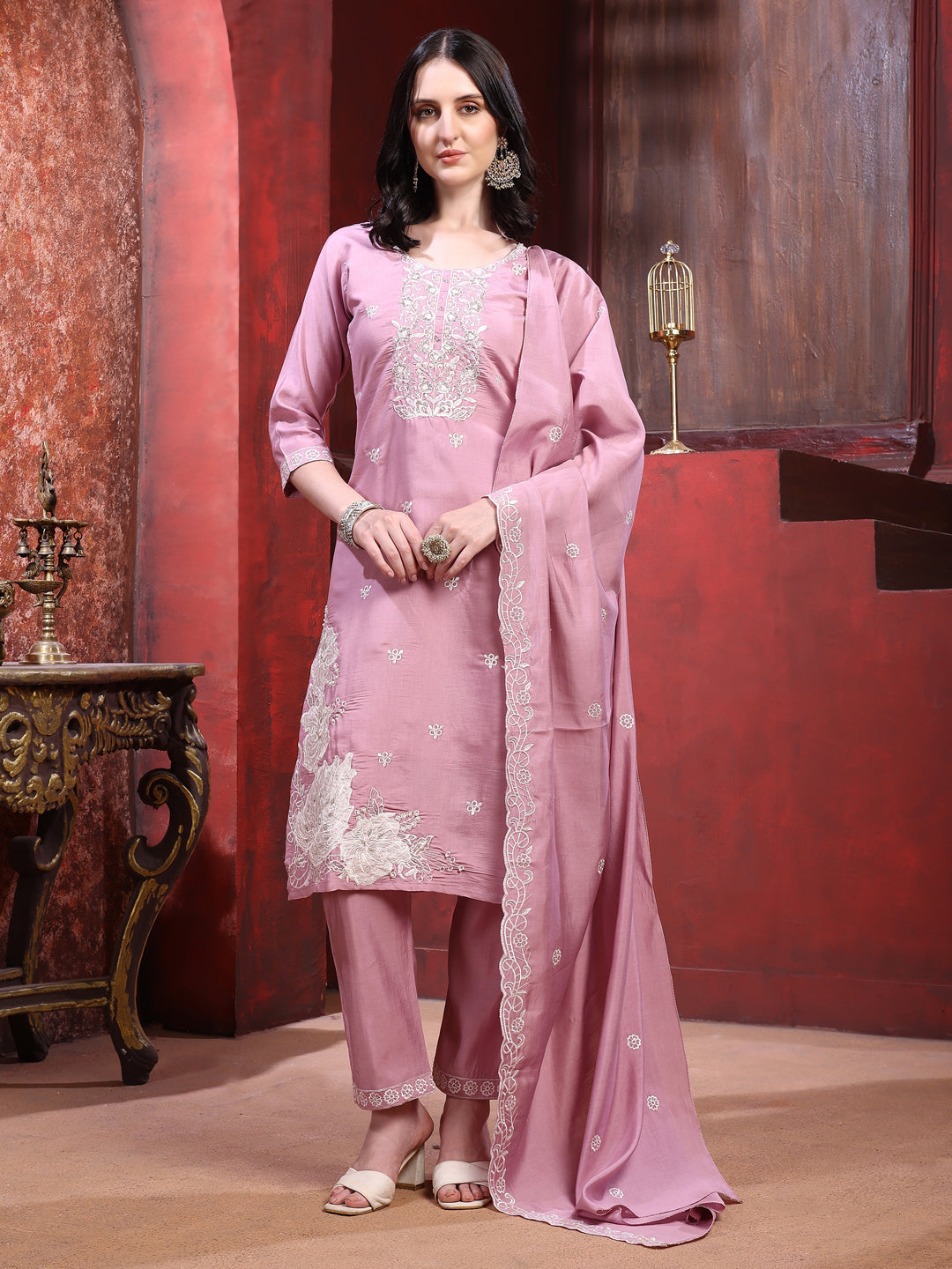 Hand Embroidered Kurta With Pant & Dupatta, Pink - Hiral Fashion