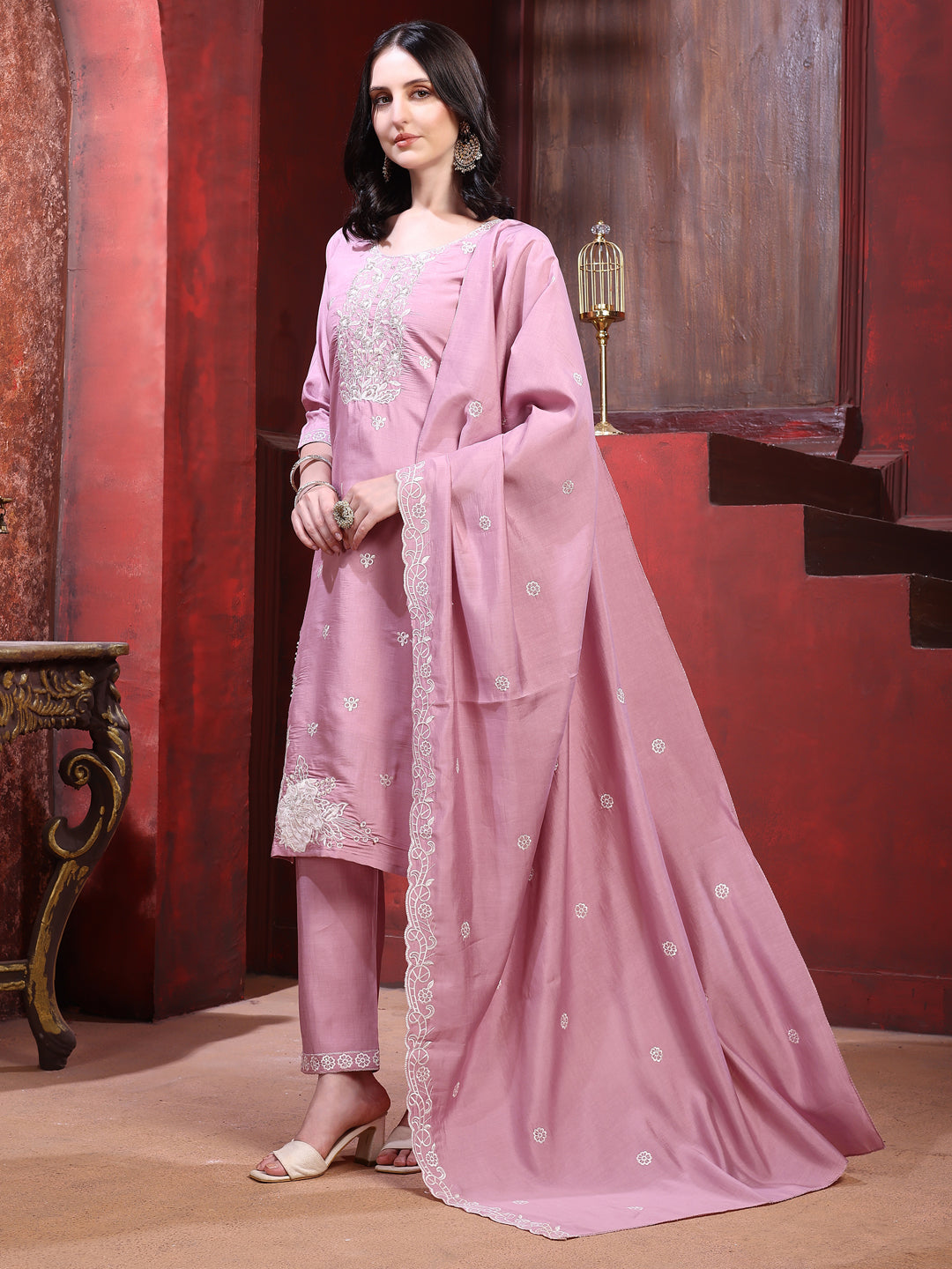 Hand Embroidered Kurta With Pant & Dupatta, Pink - Hiral Fashion