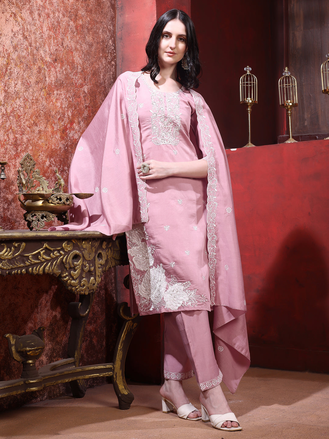 Hand Embroidered Kurta With Pant & Dupatta, Pink - Hiral Fashion