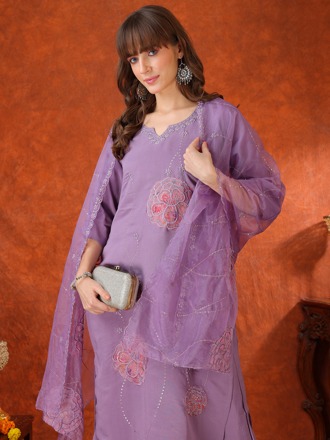 Embroidered Kurta With Pant & Embroidered Dupatta, Lavender - Hiral Fashion
