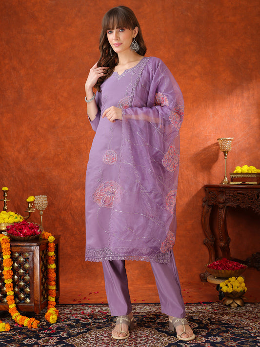 Embroidered Kurta With Pant & Embroidered Dupatta, Lavender - Hiral Fashion