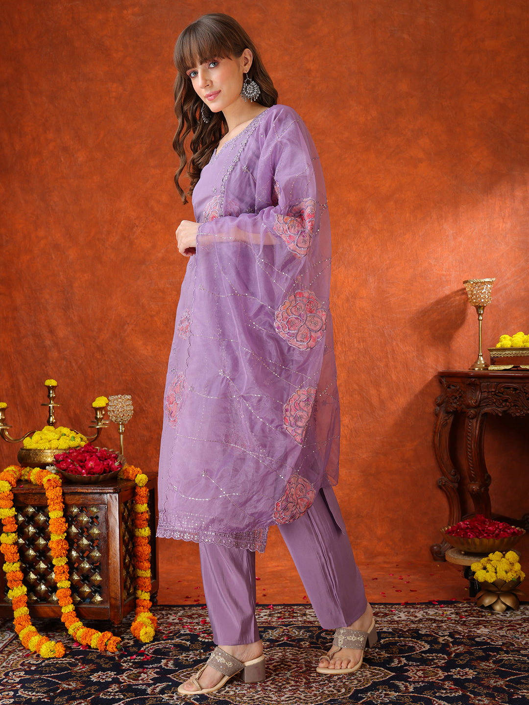 Embroidered Kurta With Pant & Embroidered Dupatta, Lavender - Hiral Fashion