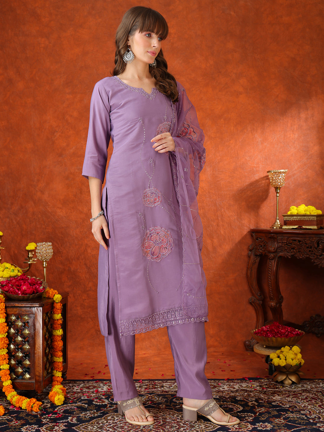 Embroidered Kurta With Pant & Embroidered Dupatta, Lavender - Hiral Fashion