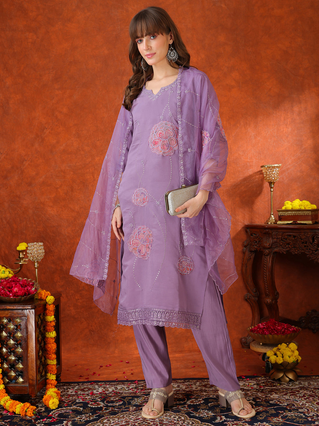 Embroidered Kurta With Pant & Embroidered Dupatta, Lavender - Hiral Fashion