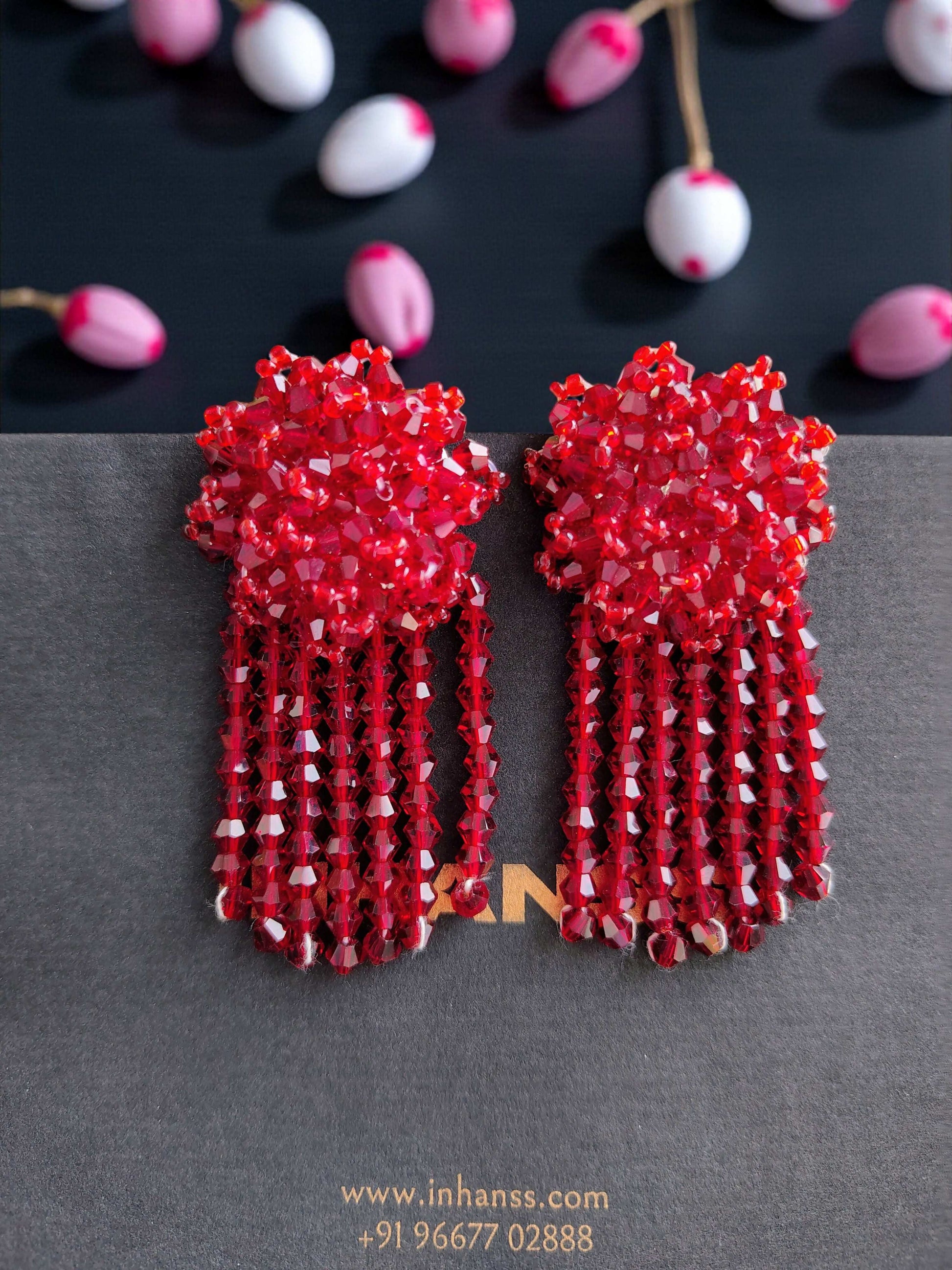 Inhanns Handmade Crystal Water Fall Earrings - Short - Maroon Small