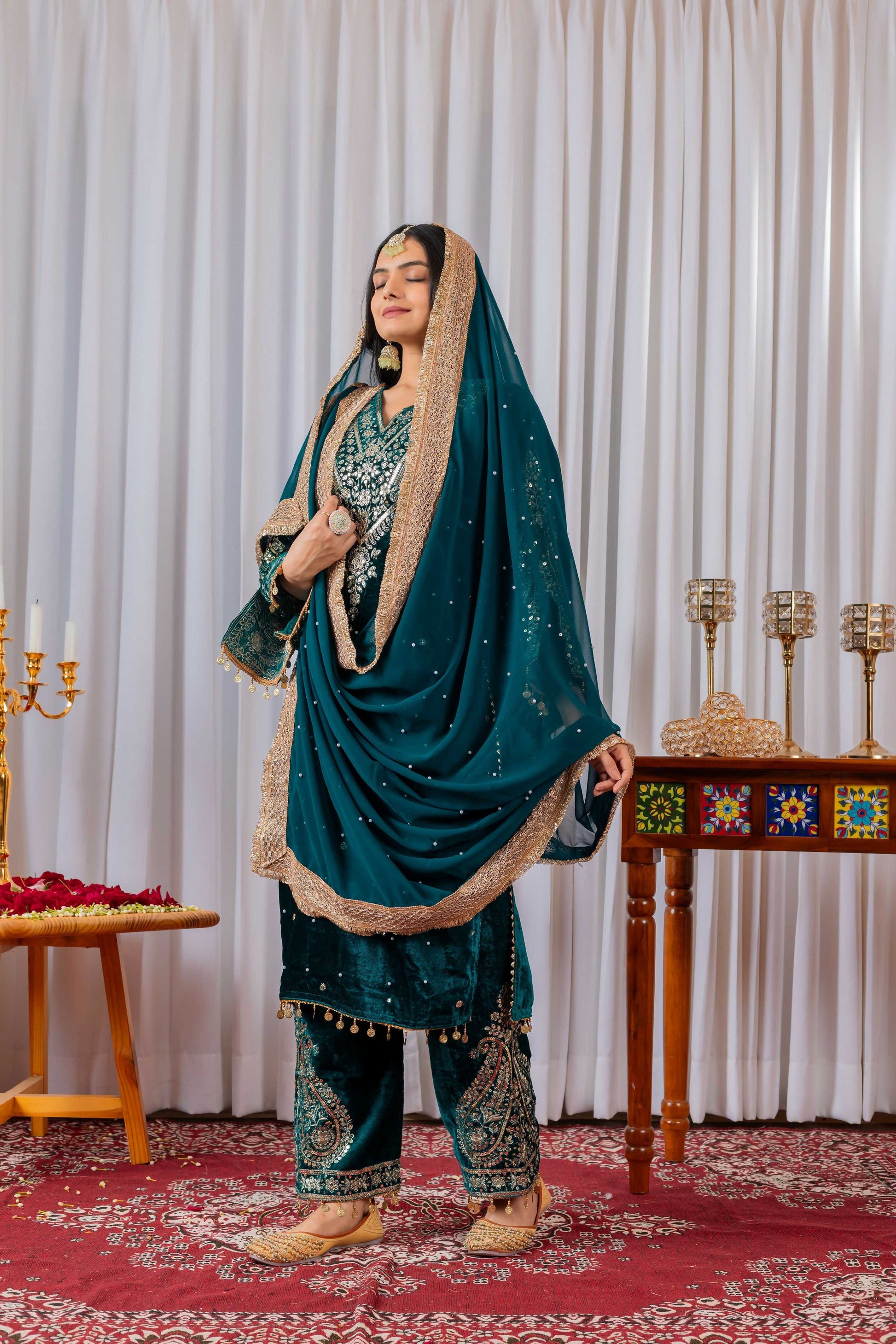 Teeya Creation Teal Color Velvet Silk Embroidery Work Party Wear Suit