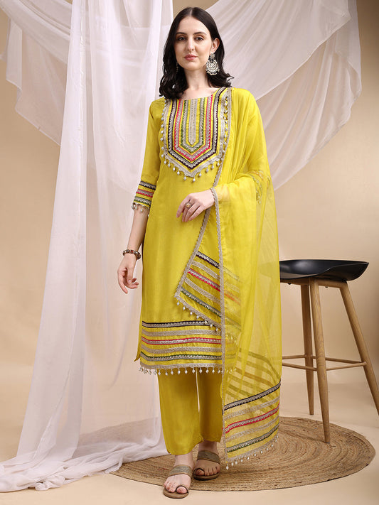 Hand Embroidered Kurta With Pant & Dupatta, Mustard - Hiral Fashion