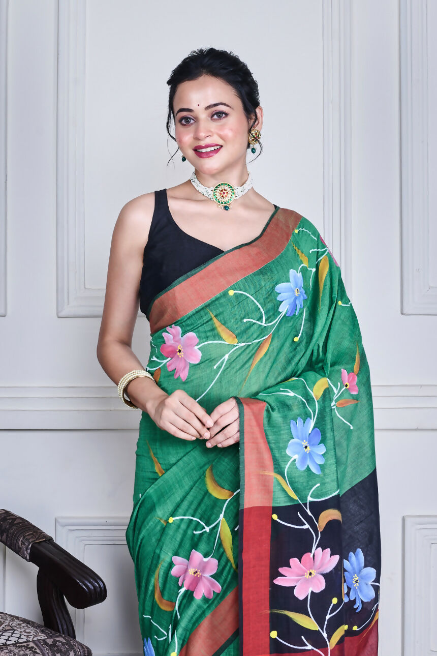 Morchari Multicolour Cotton Handloom Mirror Work Saree Unstitched Blouse