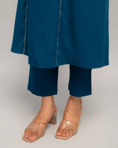 FIORRA Women's Teal Blue Creap A-Line Kurta Pant With Dupatta 